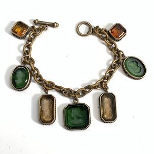 Extasia 7 Charms Bracelet Glass Cameos Signed 7.5” Brass Chain